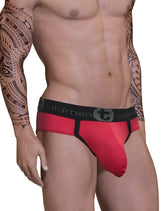 Wildmant red big boy pouch brief in red and black with textured fabric waistband featuring the brand logo