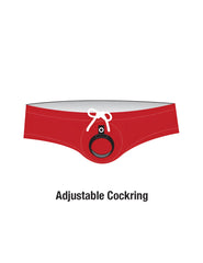 Red adjustable cockring with white bow and black ring from wildmant sport bikini swim with ball lifter for enhanced fit