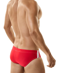 Red wildmant sport bikini swim trunks with ball lifter cock-ring feature and white side stripes