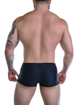 Wildmant sportivo square cut black and purple swim trunks with smooth stretchy material in a form-fitting design