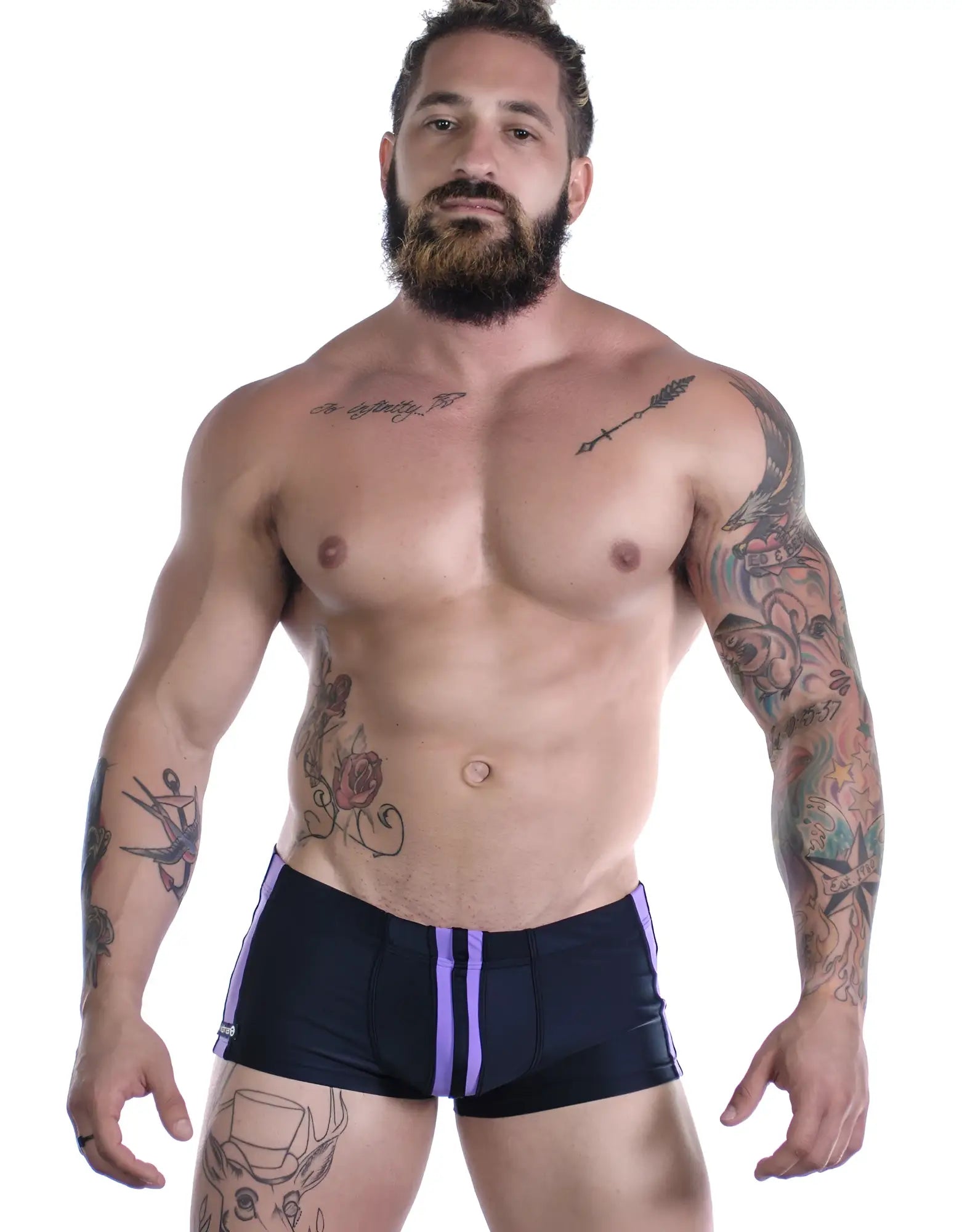 Black swim trunks with purple side stripes from WildmanT Sportivo square cut made for active use