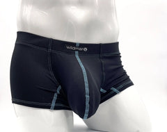 Black mens boxer briefs with light blue stitching and wildman label on waistband in wildmant stitch big boy pouch style