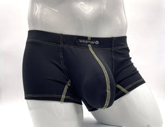 Black wildman brand men’s boxer briefs with yellow pouch, contrasting light green stitching, and contoured support design