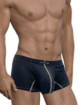 Wildmant stitch big boy pouch boxer brief in dark blue with light green stitching and subtle textured pattern