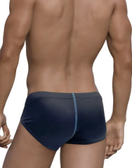 Wildmant stitch big boy pouch brief in blue dark blue textured swim trunks with a subtle light blue seam down center