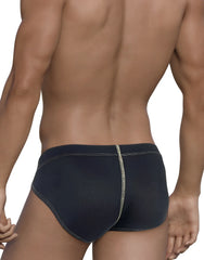 Black textured WildmanT Stitch Big Boy Pouch Brief with subtle silver center seam and yellow accents