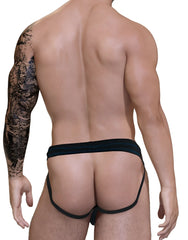 Wildmant stitch big boy pouch jock strap in black with snug fit and blue waistband trim for athletic support