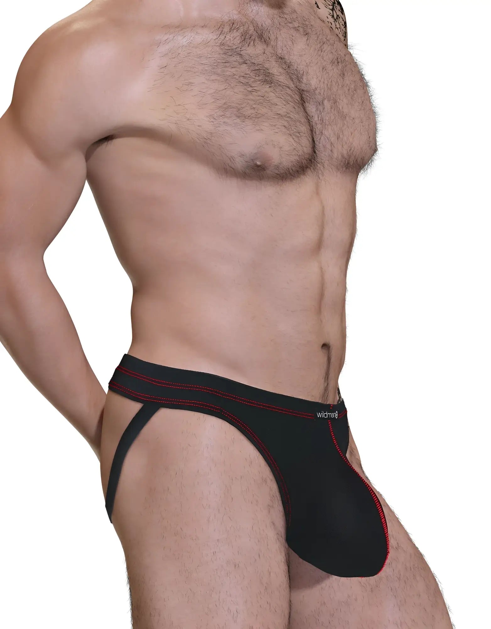 Wildmant stitch big boy pouch jock strap in black and red with a sleek form-fitting wildcraft design