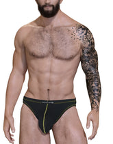 Black briefs with neon green stitching and wildman logo on waistband from wildmant stitch big boy pouch jock strap yellow