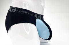 WildmanT stretch cotton big boy pouch briefs in black and light blue with branded elastic waistband
