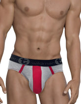 Gray and red wildman stretch cotton big boy pouch brief with black waistband featuring wildman logo