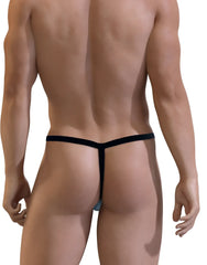WildmanT stretch cotton micro thong in light blue and black with narrow waistband and big boy pouch front view