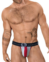 Wildmant stretch cotton strapless jock big boy pouch in gray red with red white gray stripes and black waistband