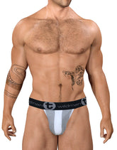 Gray and white stretch cotton athletic briefs with black wildman waistband featuring big boy pouch design