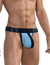 Black and light blue WildmanT stretch cotton strapless jockstrap with contoured design and big boy pouch