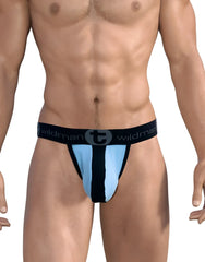 Wildmant stretch cotton strapless jock big boy pouch athletic briefs in light blue and black with branded waistband