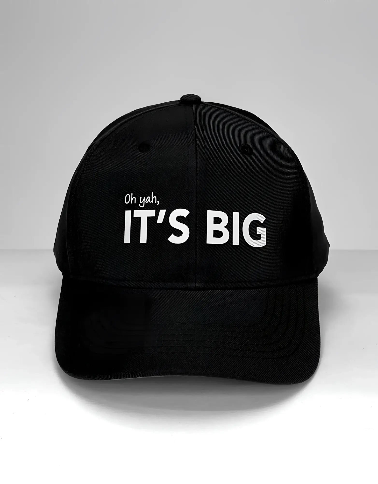Black WildmanT Vanity Cap featuring white embroidered text oh yah its big on the front in a baseball cap style