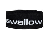 Black woven fabric wristband with white swallow lettering from wildmant verbal max cock ring collection