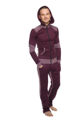 Maroon and gray two-piece heavy-weight fleece hoodie sweatset with contrasting panels for winter yoga trackwear