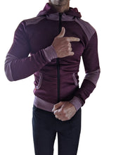 Winter collection heavy-weight performance-luxe-fleece form-fit crossover yoga track hoodie in maroon and gray with textured panels
