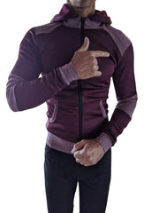 Winter collection heavy-weight performance-luxe-fleece form-fit crossover yoga track hoodie in maroon and gray
