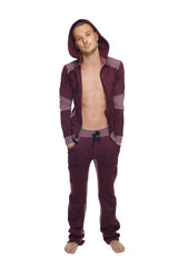 A maroon and purple two-tone heavy-weight performance-luxe fleece form-fit crossover yoga track hoodie