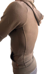 A taupe mid-weight luxury-fleece form-fit crossover yoga track hoodie with sleek athletic design and subtle seam detailing