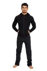 Black mid-weight luxury-fleece zip-up hoodie with long sleeves and front pockets for yoga and casual wear