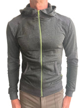 Charcoal mid-weight luxury-fleece form-fit crossover yoga track hoodie with neon green zipper and two front pockets