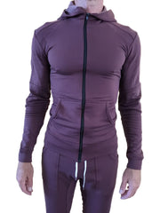 Purple zip-up hoodie with matching pants in sleek athletic design with subtle contrast stitching