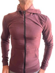 A maroon mid-weight luxury-fleece form-fit zip-up hoodie with a black zipper for yoga and track activities