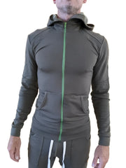Dark olive green mid-weight luxury-fleece crossover yoga zip-up hoodie with bright green zipper and front pockets