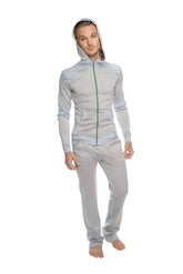 Light gray mid-weight performance-luxe-fleece form-fit yoga track hoodie with green zipper accent stainless steel grey
