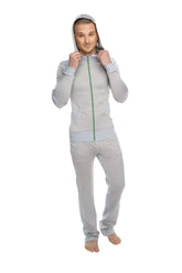 A light gray mid-weight fleece full-body yoga tracksuit with green zipper and matching hood from the winter collection