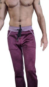 Purple heathered thick-weight fleece sweatpants with lavender waistband and black drawstring from winter collection