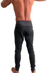 Black winter edition luxury-fleece long cuffed jogger leggings with snug fit and gray elastic waistband in charcoal