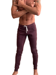 Dark purple luxury-fleece joggers with white drawstring and side pockets winter edition long cuffed sweat pants burgundy