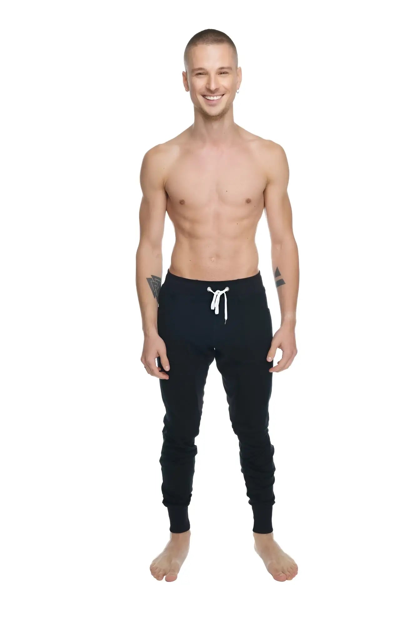 Black winter edition luxury-fleece jogger pants with white drawstring waistband and ribbed cuffs for yoga and casual wear