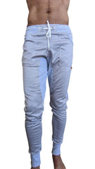 Winter edition performance-luxe-fleece long cuffed jogger pants in light blue heather with white drawstring and side pockets