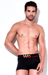 Wo Underwear solid black boxer briefs size M with bold yellow and red Wo Underwear logo on the waistband