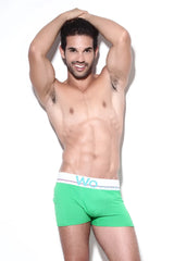 Bright green WO underwear solid boxer brief with white waistband and light blue wo logo in size XL