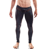 Wojoer black jack disco powernet insert button leggings with black glossy shimmering fabric and sheer mesh waistband panels in xl