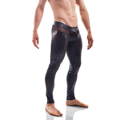 Wojoer black jack disco powernet insert button leggings in size xl with shiny black fabric blue pattern and mesh waistband