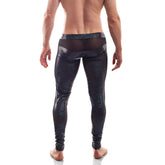 Wojoer black jack disco powernet insert button leggings pants xl with black shiny fabric and subtle blue green cosmic pattern