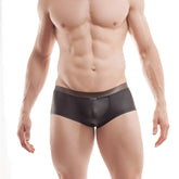 Black glossy-finish wojoer funplastic rubber hipster boxer briefs with transparent waistband and subtle logo size XL