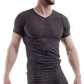 Wojoer black and white glitter stripe v neck short sleeved t shirt size l with horizontal stripes