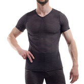 Wojoer WDF glitter stripe black and white striped v neck short sleeved t shirt snug fit size L