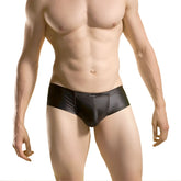Wojoer wet matte hipster cheeky bikini swimwear in black leather briefs with sleek form-fitting design and stitching details