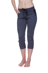 Women’s charcoal 3/4 cuffed capri yoga pant with black drawstring waistband and side pockets in dark heather gray