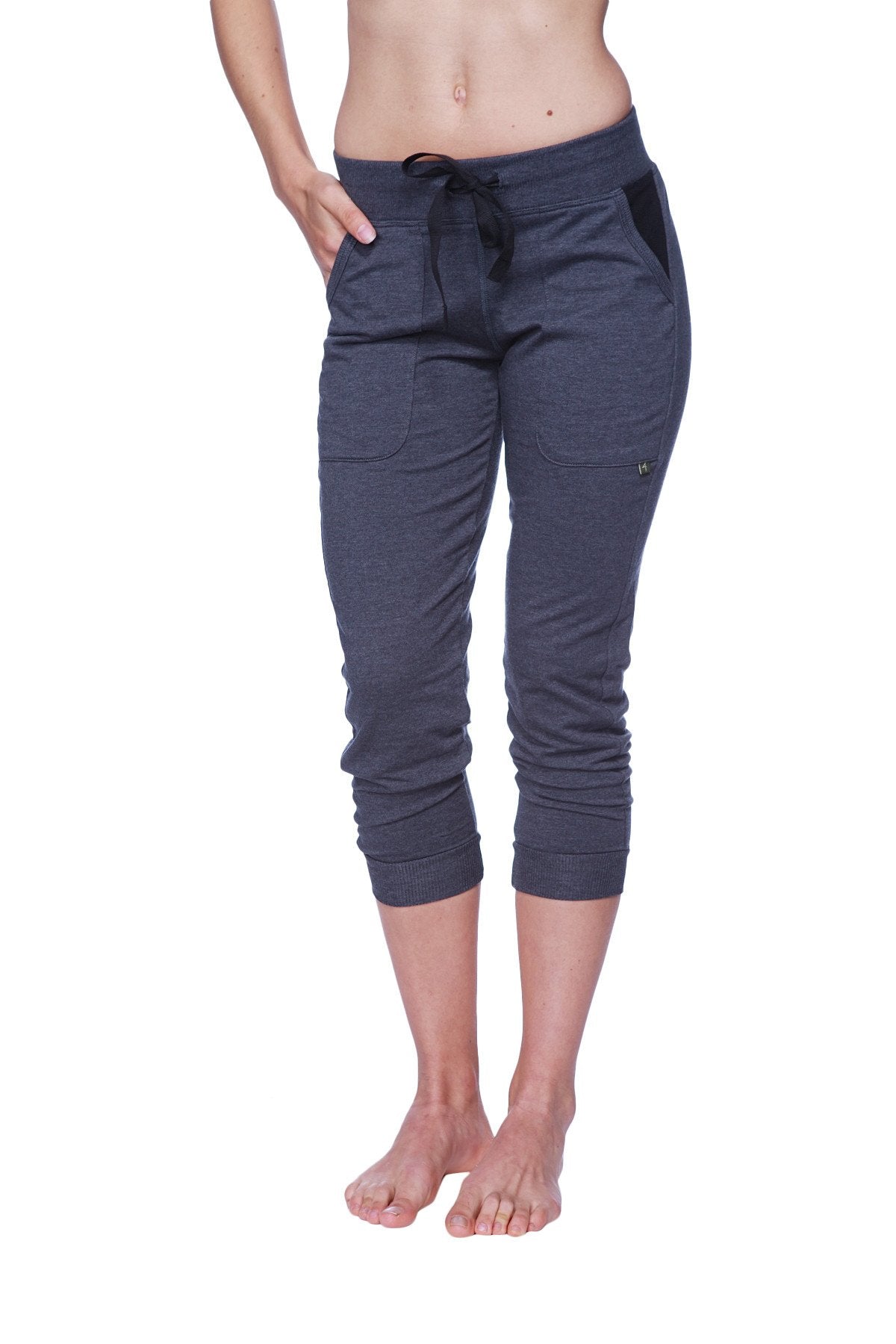 Women’s charcoal 3/4 cuffed capri yoga pant with black drawstring waistband and side pockets in dark heather gray